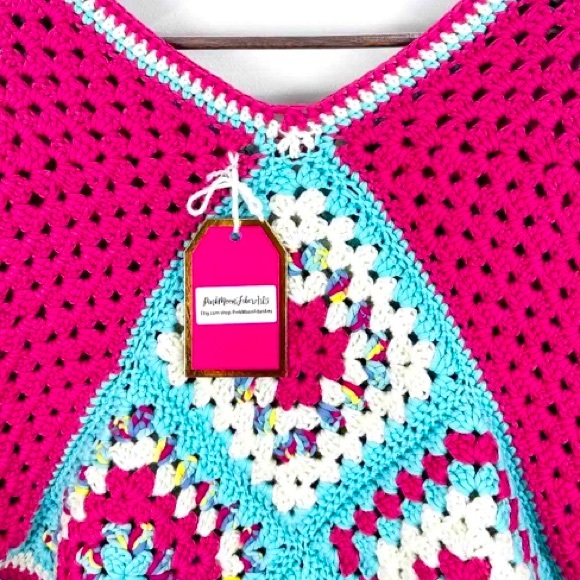 Handmade Crochet Granny Square Pink Blue Poncho - Picture 6 of 8